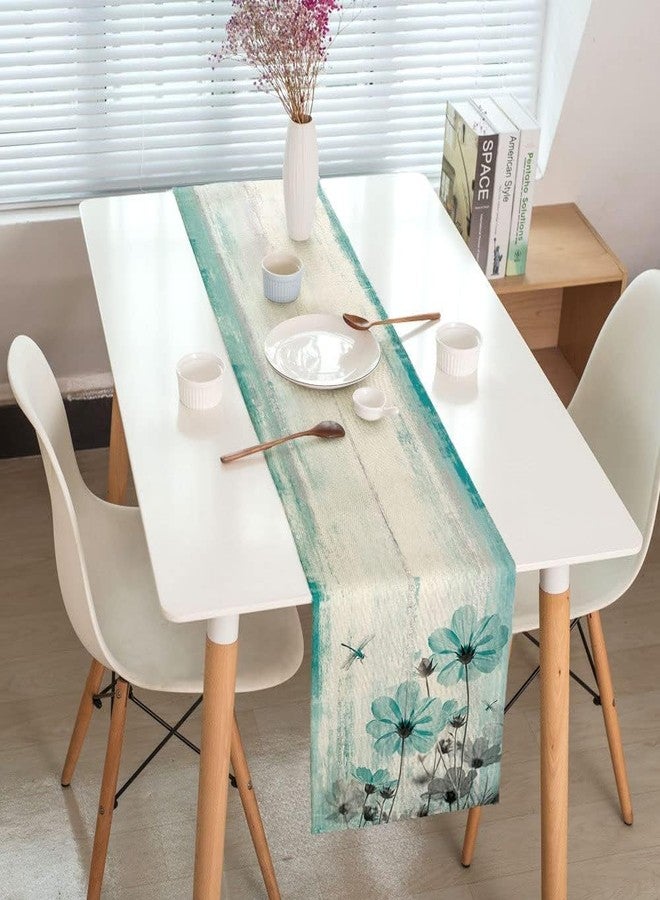 Uokiuki Teal Flower Table Runner, Vintage Farmhouse Country Floral Rustic Wood Table Runners for Dining Room, Kitchen, Living Room, Holiday and Party Table Decor 13 x 108inch - Image 2