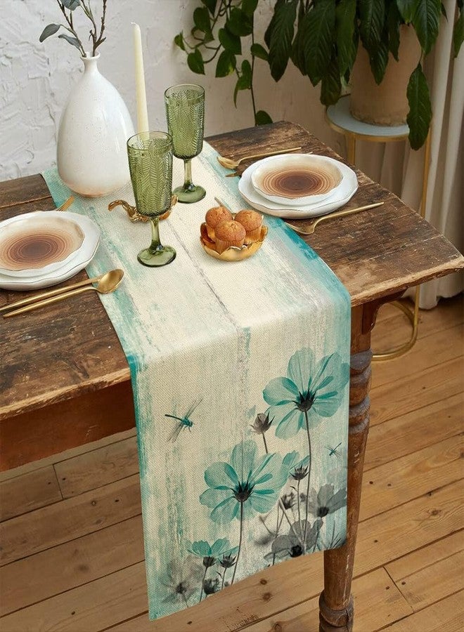 Uokiuki Teal Flower Table Runner, Vintage Farmhouse Country Floral Rustic Wood Table Runners for Dining Room, Kitchen, Living Room, Holiday and Party Table Decor 13 x 108inch - Image 3