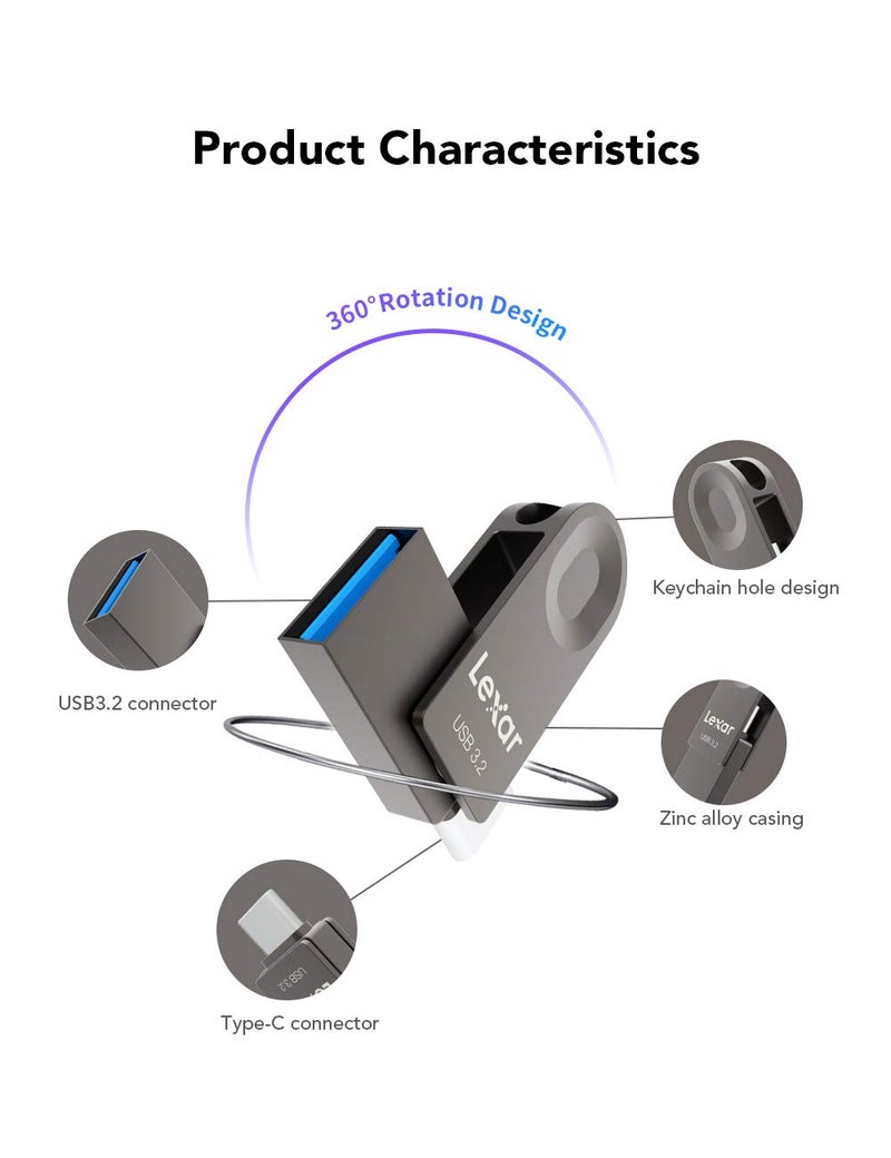 Lexar Lexar E32C 128GB Type-C USB Flash Drive, USB-A&USB-C 3.2 Gen 1 Dual Drive OTG 100MB/s Read, Thumb Drive Swivel Design Jump Drive for USB 3.0/2.0, Memory Stick for Android Smartphone, Laptop, PC  - Image 4
