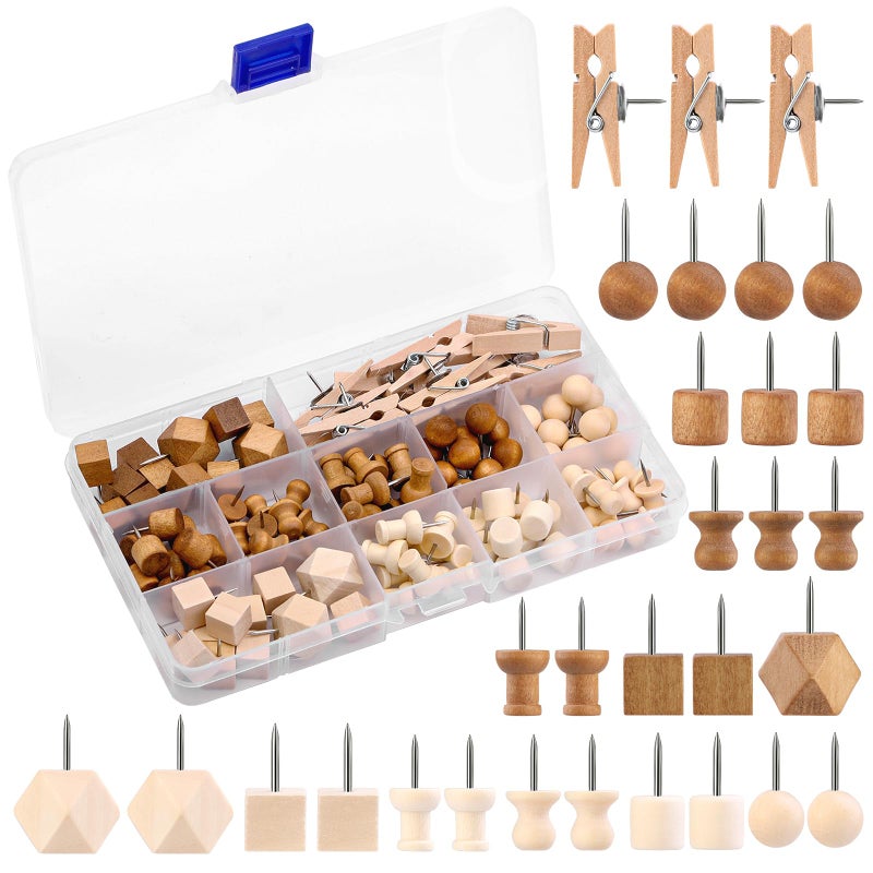 IMZAY 114 Pcs Decorative Wooden Head Pins in 2 Colors and 7 Types - Thumb Tacks for Bulletin Boards and Crafts, With Storage Box - Image 1
