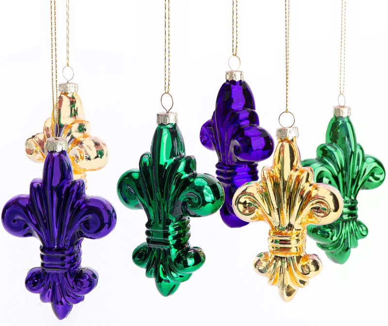 6 Pcs Mardi Gras Glass Hanging Ornaments  4 Fleur De Lis Purple Green Gold Decorations for Holiday Masquerade Party