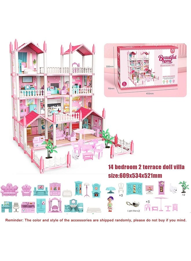 Beauenty 4 Floors Huge Dollhouse Play Set with 14 Rooms 2 doll 2 Color Light Strips with Lights to Assemble Kitchen, Bedroom, Furniture, Garden,Pets DIY Pretend Play Doll House for Girls.  - Image 2
