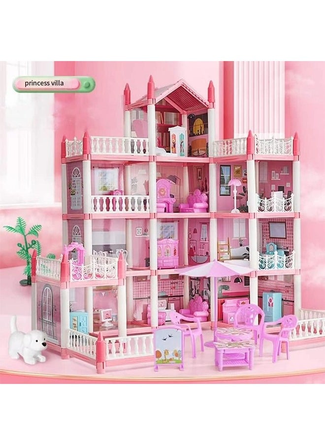 Beauenty 4 Floors Huge Dollhouse Play Set with 14 Rooms 2 doll 2 Color Light Strips with Lights to Assemble Kitchen, Bedroom, Furniture, Garden,Pets DIY Pretend Play Doll House for Girls.  - Image 4