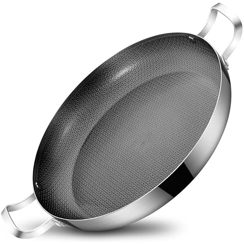 Bzayeat 14 Inch Stainless Steel Paella Pan, Nonstick Ceramic Coating & Induction Compatible Large Skillet, Jumbo Cooker for Spanish Rice, Seafood Paella, Authentic Paella, Socarrat, Oven Safe, 5-8 Servings - Image 1