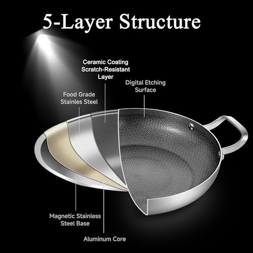 Bzayeat 14 Inch Stainless Steel Paella Pan, Nonstick Ceramic Coating & Induction Compatible Large Skillet, Jumbo Cooker for Spanish Rice, Seafood Paella, Authentic Paella, Socarrat, Oven Safe, 5-8 Servings - Image 2