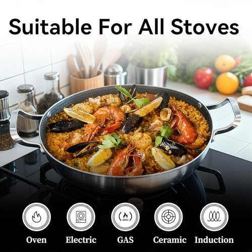 Bzayeat 14 Inch Stainless Steel Paella Pan, Nonstick Ceramic Coating & Induction Compatible Large Skillet, Jumbo Cooker for Spanish Rice, Seafood Paella, Authentic Paella, Socarrat, Oven Safe, 5-8 Servings - Image 3