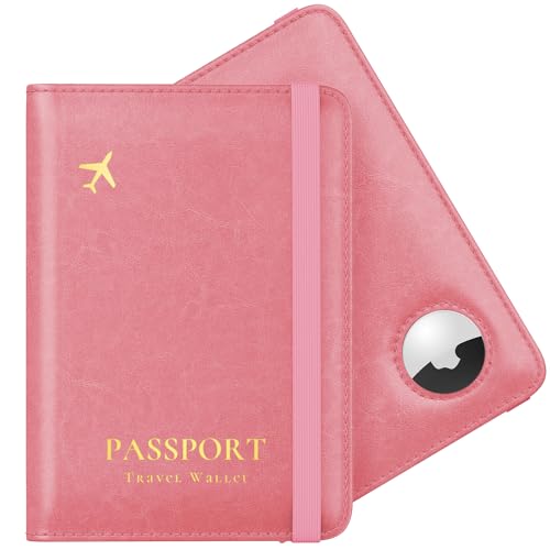 Stouchi AirTag Passport Holder, Cute Passport Holder with Airtag Slot, RFID Passport Wallet Cover for Women, Family Leather Passport Protector Case, Anti-Lost Travel Essentials, Pink - Image 1