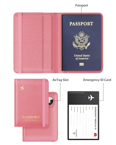 Stouchi AirTag Passport Holder, Cute Passport Holder with Airtag Slot, RFID Passport Wallet Cover for Women, Family Leather Passport Protector Case, Anti-Lost Travel Essentials, Pink - Image 2