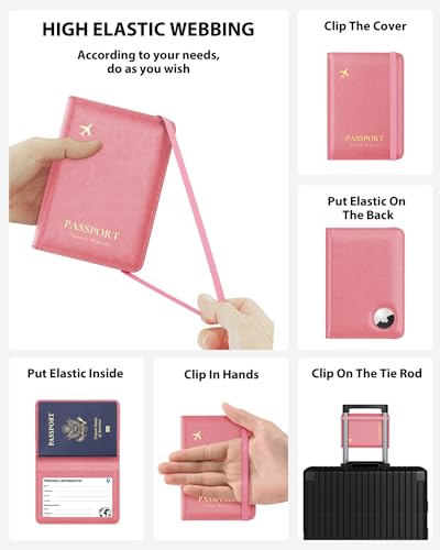Stouchi AirTag Passport Holder, Cute Passport Holder with Airtag Slot, RFID Passport Wallet Cover for Women, Family Leather Passport Protector Case, Anti-Lost Travel Essentials, Pink - Image 5