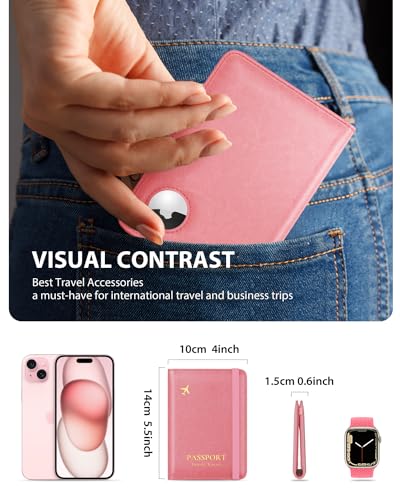Stouchi AirTag Passport Holder, Cute Passport Holder with Airtag Slot, RFID Passport Wallet Cover for Women, Family Leather Passport Protector Case, Anti-Lost Travel Essentials, Pink - Image 4