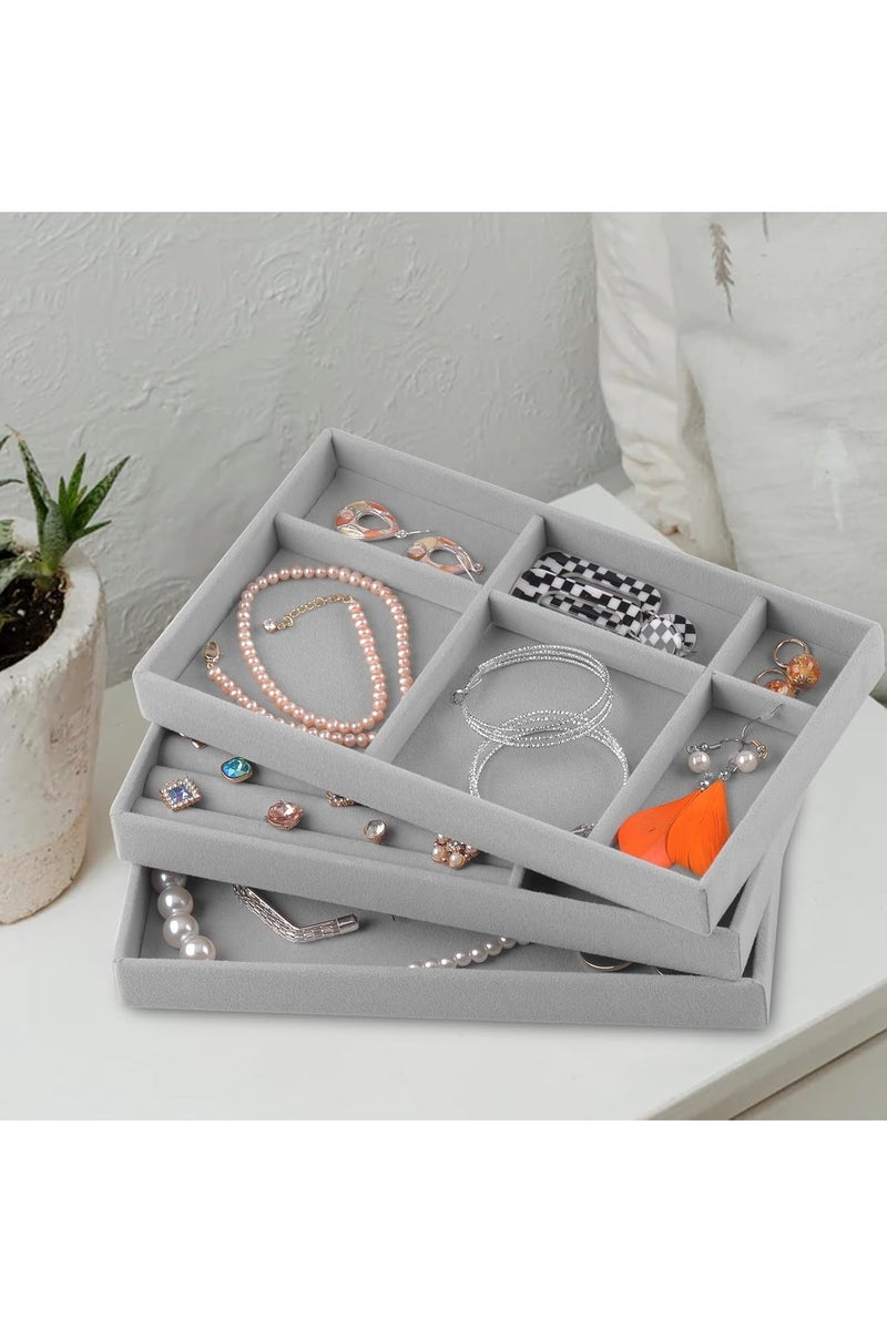 Y&D Set of 4 Stackable Jewelry Organizer Trays for Drawers Display Case Storage Container for Earring Necklace Rings Bracelet Display with Removable Dividers Jewelry Storage Box Gray Velvet - Image 4