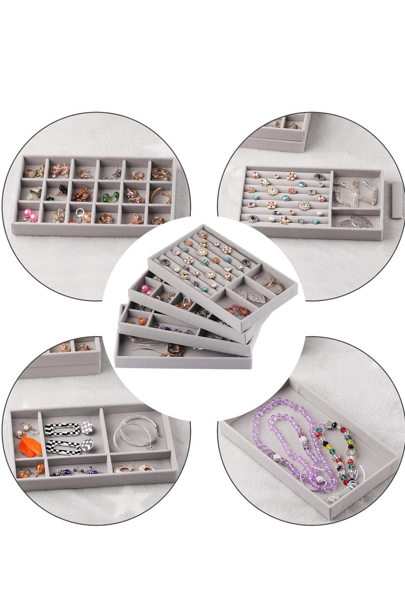 Y&D Set of 4 Stackable Jewelry Organizer Trays for Drawers Display Case Storage Container for Earring Necklace Rings Bracelet Display with Removable Dividers Jewelry Storage Box Gray Velvet - Image 5