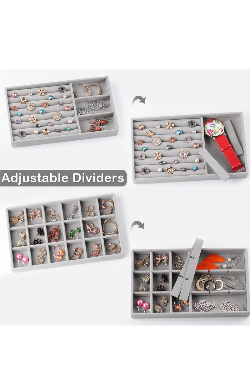 Y&D Set of 4 Stackable Jewelry Organizer Trays for Drawers Display Case Storage Container for Earring Necklace Rings Bracelet Display with Removable Dividers Jewelry Storage Box Gray Velvet - Image 3