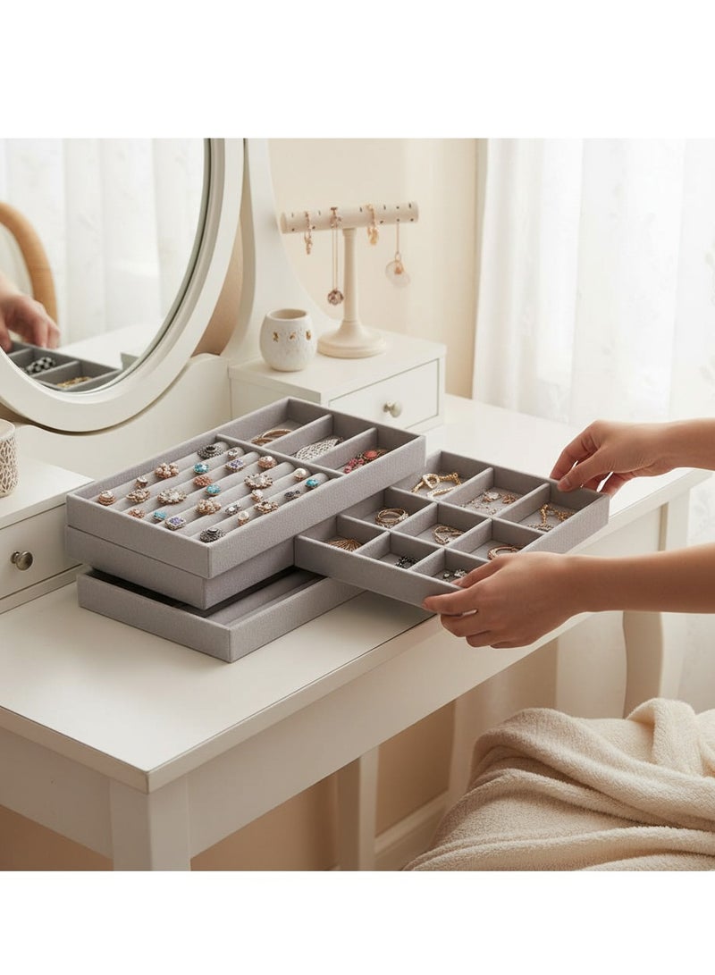 Y&D Set of 4 Stackable Jewelry Organizer Trays for Drawers Display Case Storage Container for Earring Necklace Rings Bracelet Display with Removable Dividers Jewelry Storage Box Gray Velvet - Image 1