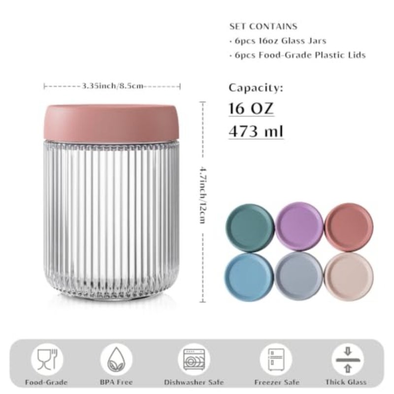 baihuoGlass Mason Jars, 16oz Wide Mouth Glass Mason Jars with Airtight Lids, Glass Food Storage Containers for Chia Pudding, Yogurt, Snacks, Fruit and Vegetables, Milk, Ribbed - Image 3