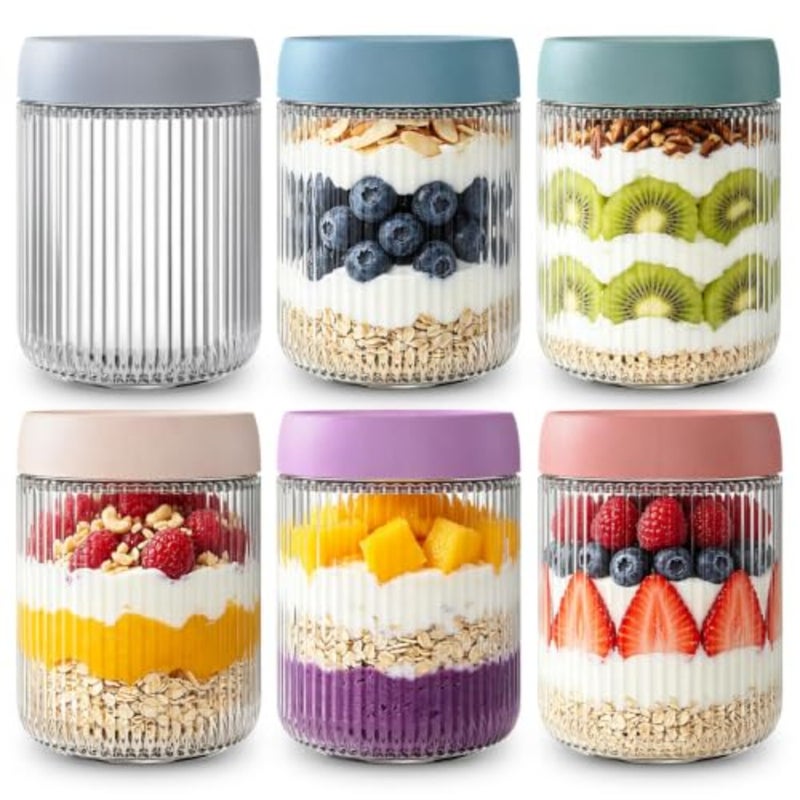 baihuoGlass Mason Jars, 16oz Wide Mouth Glass Mason Jars with Airtight Lids, Glass Food Storage Containers for Chia Pudding, Yogurt, Snacks, Fruit and Vegetables, Milk, Ribbed - Image 1