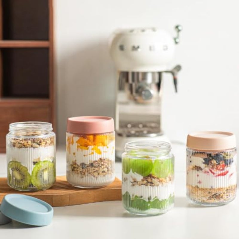 baihuoGlass Mason Jars, 16oz Wide Mouth Glass Mason Jars with Airtight Lids, Glass Food Storage Containers for Chia Pudding, Yogurt, Snacks, Fruit and Vegetables, Milk, Ribbed - Image 2