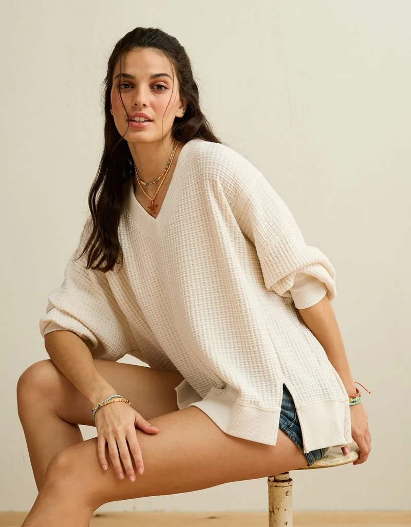 American Eagle  AE Big Hug V-Neck Waffle Sweatshirt for Women | Best Price UAE