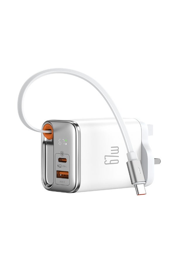 Mcdodo CH-4092 67W GaN Charger UK Plug 1C+1A with Digital Display Built-in 65cm Retractable USB-C Cable White Fast Charging Wall Adapter - Image 3