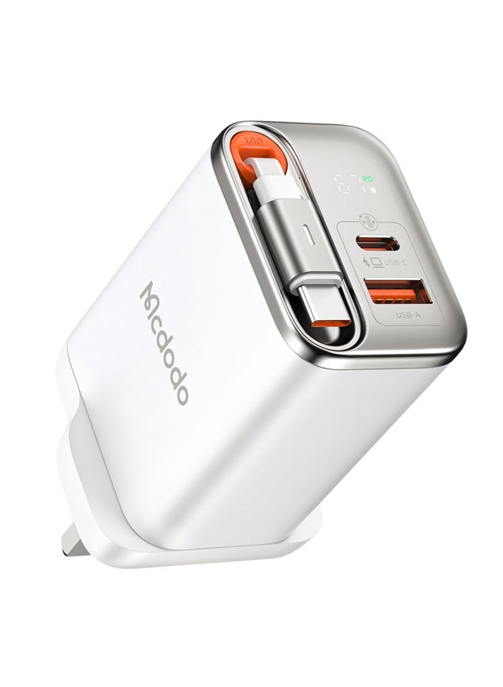 Mcdodo CH-4092 67W GaN Charger UK Plug 1C+1A with Digital Display Built-in 65cm Retractable USB-C Cable White Fast Charging Wall Adapter - Image 1