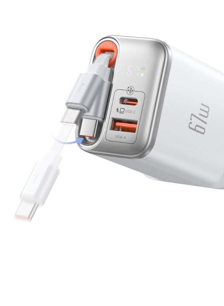 Mcdodo CH-4092 67W GaN Charger UK Plug 1C+1A with Digital Display Built-in 65cm Retractable USB-C Cable White Fast Charging Wall Adapter - Image 2
