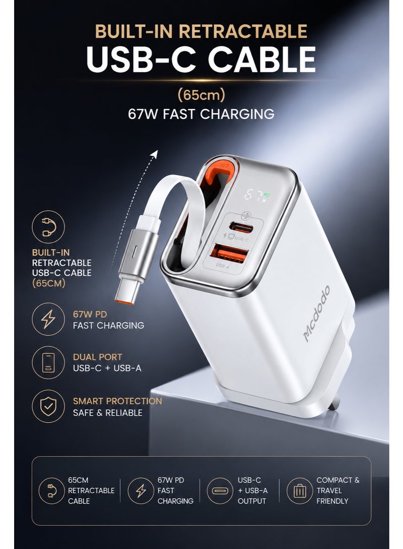 Mcdodo CH-4092 67W GaN Charger UK Plug 1C+1A with Digital Display Built-in 65cm Retractable USB-C Cable White Fast Charging Wall Adapter - Image 1