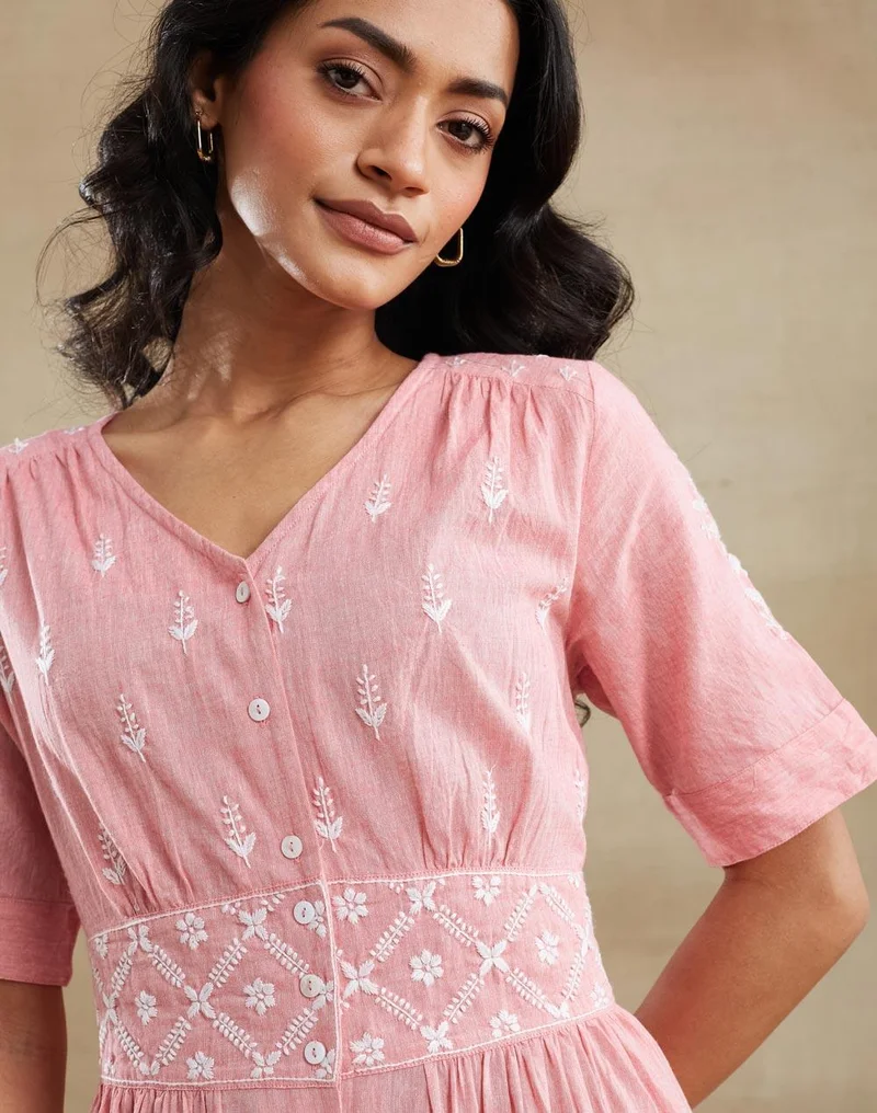 Fabindia  Pink Cotton Chikankari Midi Dress for Women | Best Price UAE