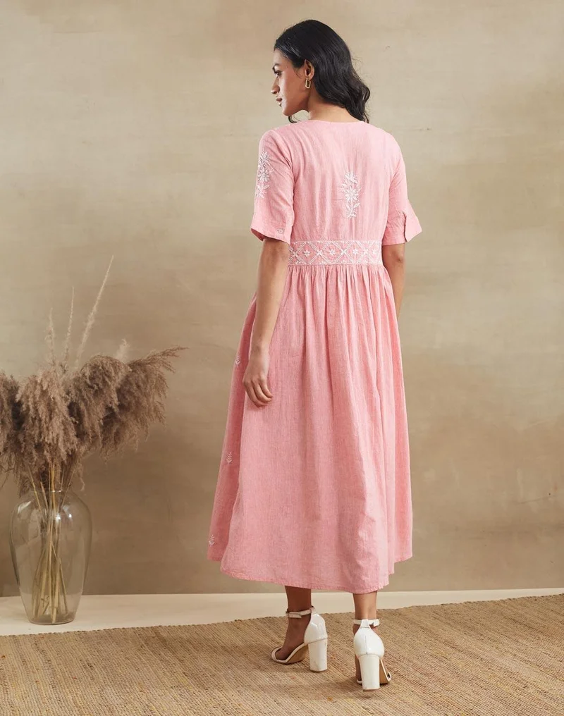 Fabindia  Pink Cotton Chikankari Midi Dress for Women | Best Price UAE