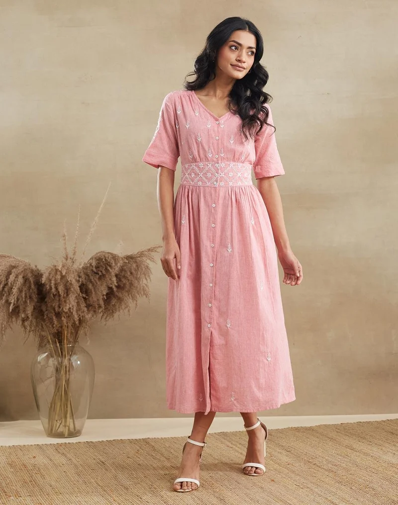 فاب انديا Pink Cotton Chikankari Midi Dress