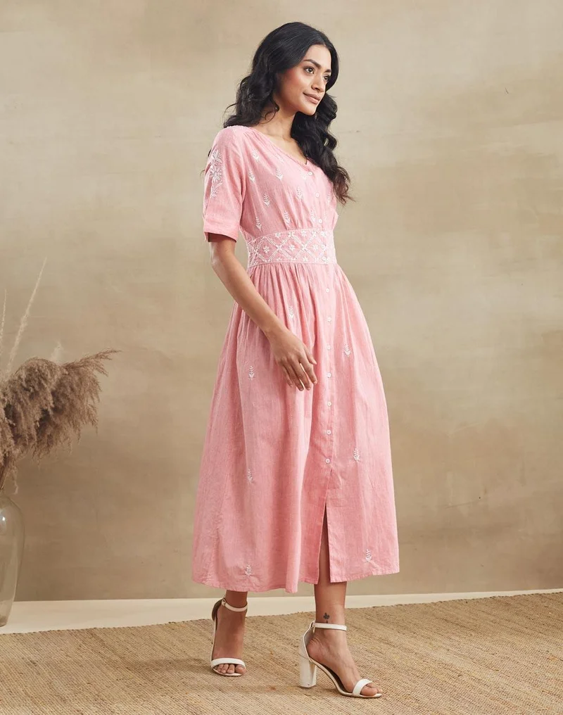 Fabindia  Pink Cotton Chikankari Midi Dress for Women | Best Price UAE