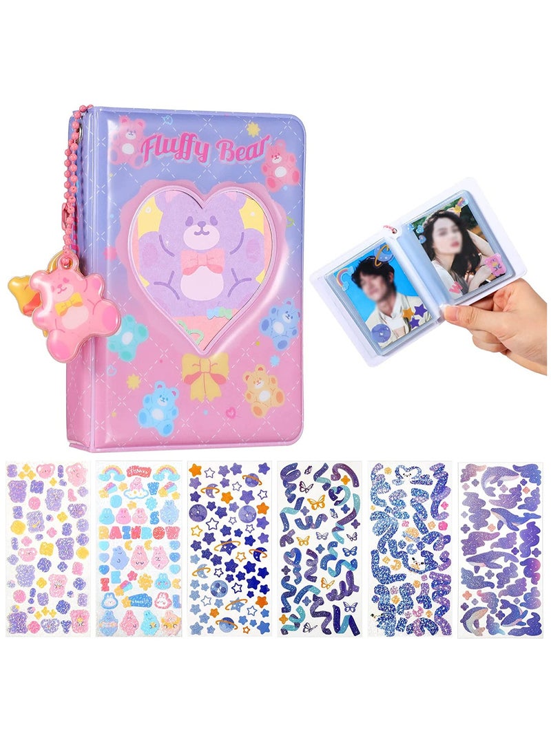 KASTWAVE 3 Inch Mini Photo Card Album Kpop Card Holder, Cute Bear Transparent Binder Small Card Polaroid Photo Organizer Book with 6 Pieces DIY Cartoon PET Hand Account Stickers and Keychain - Image 1