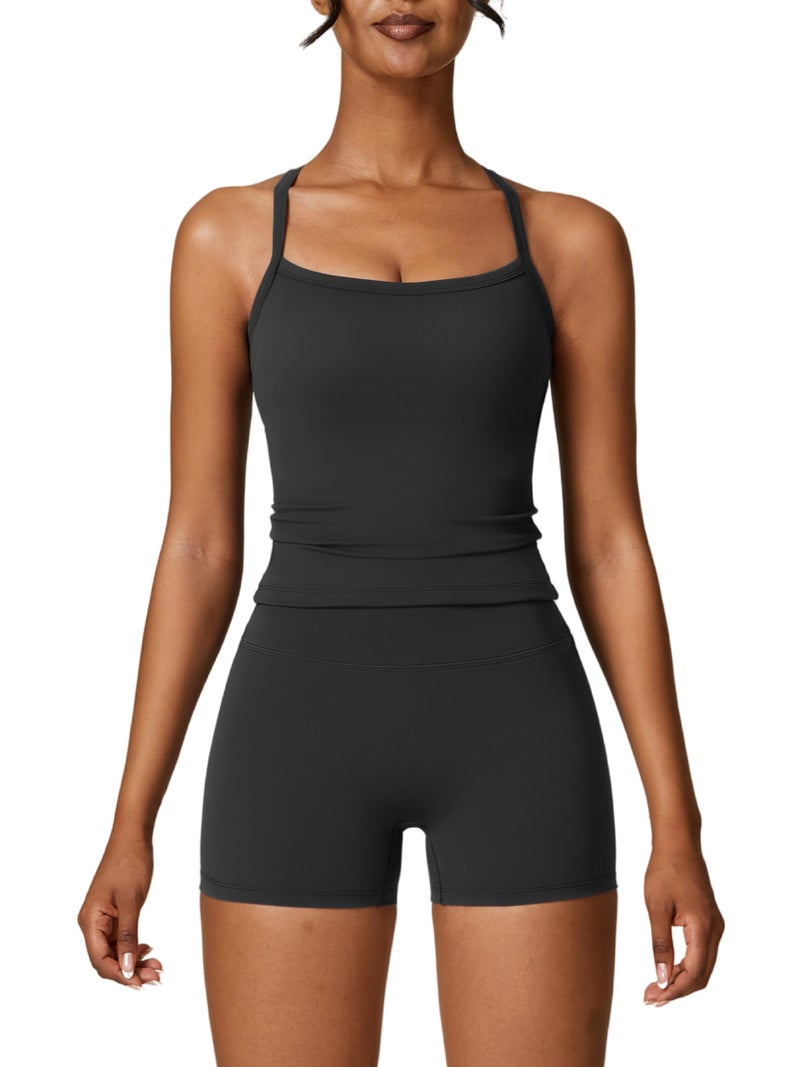 ABOCIW Workout Sets for Women 2 Piece Yoga Outfits Padded Sports Bra Tank Top High Waist Booty Gym Shorts Active Wear Black Medium - Image 1