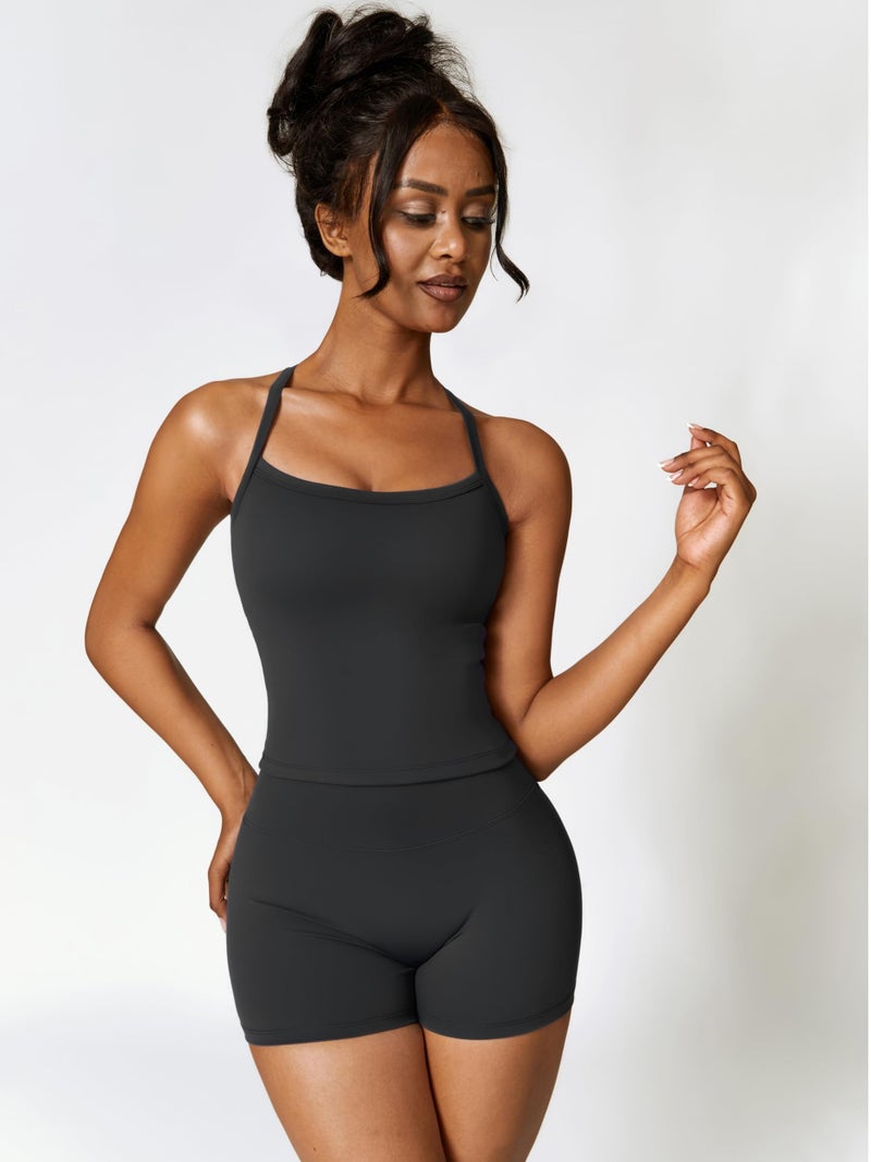ABOCIW Workout Sets for Women 2 Piece Yoga Outfits Padded Sports Bra Tank Top High Waist Booty Gym Shorts Active Wear Black Medium - Image 3