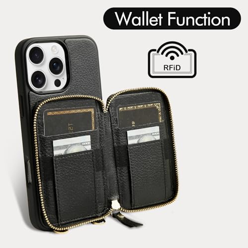 ZVE for iPhone 16 Pro Wallet Case with Card Holder, Zipper Crossbody Case with Wrist Strap for Women for iPhone 16 Pro 6.3" Black - Image 2