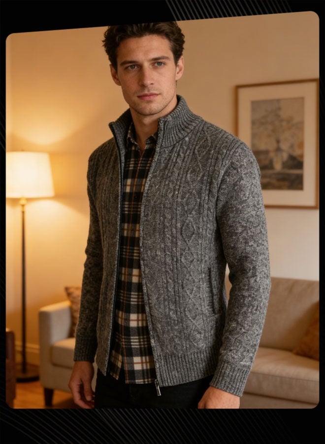 Joychic Winter Cardigan Men Casual Men Autumn Zip Thick Knitted Sweater Cardigan Pockets Warm Jacket Slim Cardigan Coat Dark Grey - Image 1