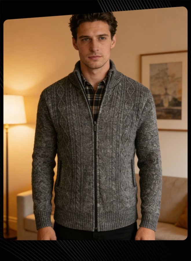 Joychic Winter Cardigan Men Casual Men Autumn Zip Thick Knitted Sweater Cardigan Pockets Warm Jacket Slim Cardigan Coat Dark Grey - Image 2