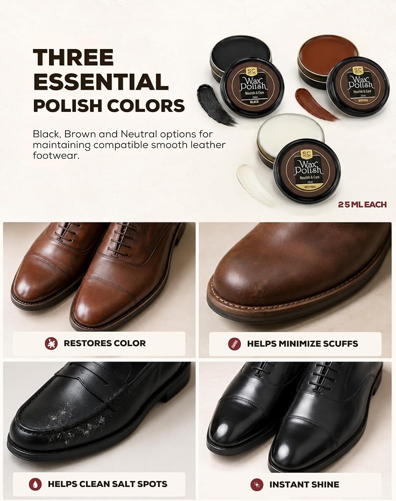 Stone and Clark Stone & Clark 12PC Shoe Polish & Care Kit, Leather Shoe Shine Kit with Brown Wax, Shoe Brushes for Polishing - Image 3