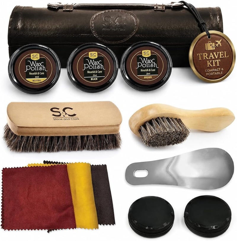 Stone and Clark Stone & Clark 12PC Shoe Polish & Care Kit, Leather Shoe Shine Kit with Brown Wax, Shoe Brushes for Polishing - Image 1