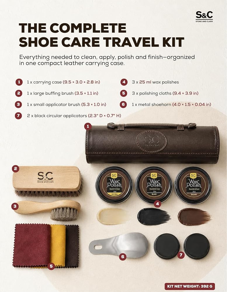 Stone and Clark Stone & Clark 12PC Shoe Polish & Care Kit, Leather Shoe Shine Kit with Brown Wax, Shoe Brushes for Polishing - Image 2