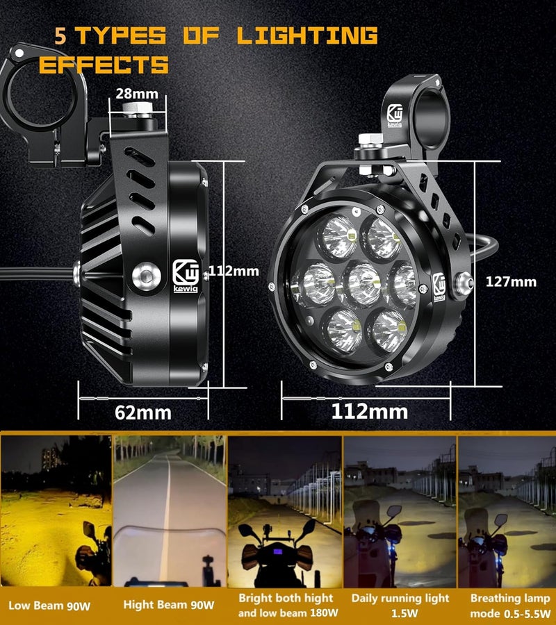 Kewig 4.5 Inch Motorcycle Auxiliary LED Fog Light 90W Amber White Driving Spotlight Kit - Image 2