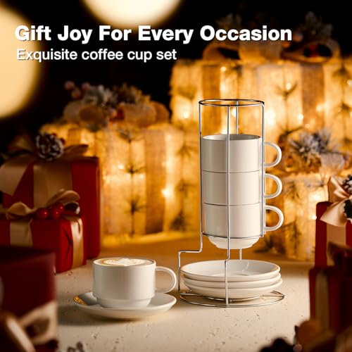 Mfacoy 8 Ounce Porcelain Cappuccino Cups with Saucers and Metal Stand, Stackable Coffee Cups for Specialty Coffee Drinks, Cappuccino, Latte, Espresso, Americano and Tea - White Cups Set of 4 - Image 2