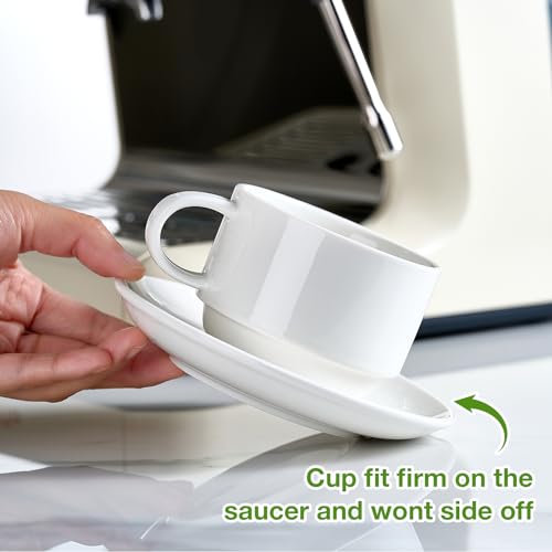 Mfacoy 8 Ounce Porcelain Cappuccino Cups with Saucers and Metal Stand, Stackable Coffee Cups for Specialty Coffee Drinks, Cappuccino, Latte, Espresso, Americano and Tea - White Cups Set of 4 - Image 4