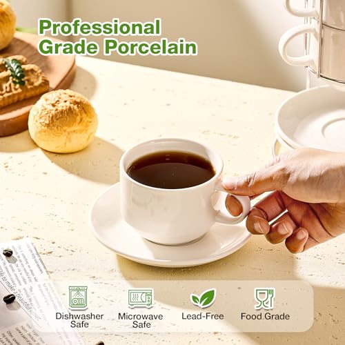 Mfacoy 8 Ounce Porcelain Cappuccino Cups with Saucers and Metal Stand, Stackable Coffee Cups for Specialty Coffee Drinks, Cappuccino, Latte, Espresso, Americano and Tea - White Cups Set of 4 - Image 3