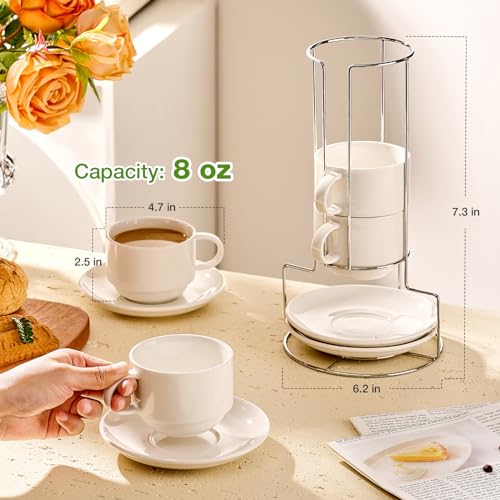 Mfacoy 8 Ounce Porcelain Cappuccino Cups with Saucers and Metal Stand, Stackable Coffee Cups for Specialty Coffee Drinks, Cappuccino, Latte, Espresso, Americano and Tea - White Cups Set of 4 - Image 5