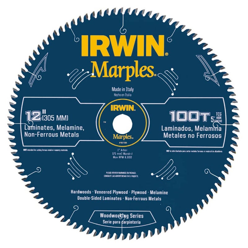 Irwin Tools IRWIN Marples 12-Inch Miter Saw Blade, Fine Finish Carbide Blade, 100-Tooth, for Laminate, Wood and Non-Ferrous Metal Cutting (1807386)