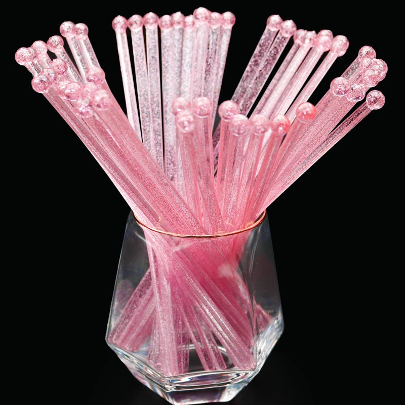 hapray 100PCS Pink Glitter Plastic Swizzle Sticks Crystal Cake Pops Cocktail Coffee Drink Stirrers Stir Sticks for Valentines Day Christmas Party 724 Inch
