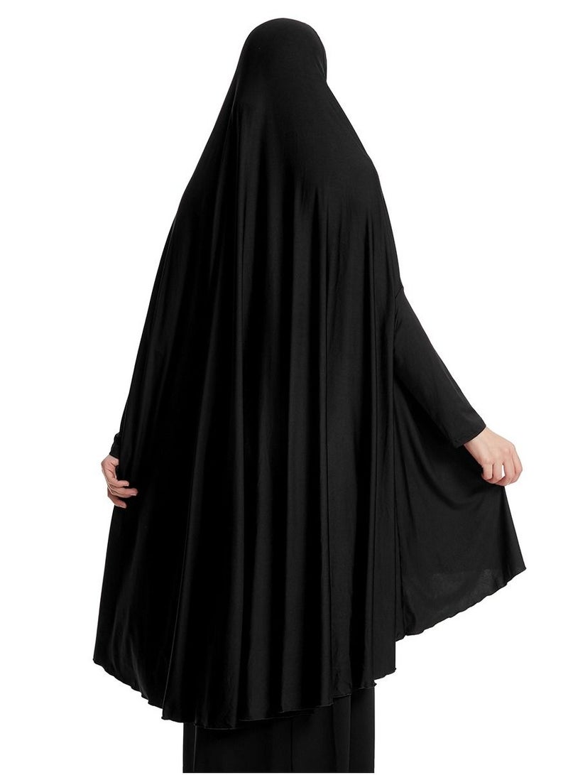 إسكدنيا Women's Solid Color Abaya Long Sleeve Thobe Robe With Hijab Black - Image 3