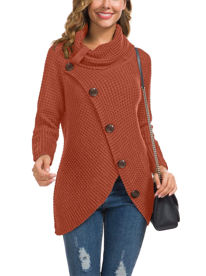 GRECERELLE Women's Fall Chunky Turtleneck Long Sleeve Asymmetric Hem Loose Knit Pullover Sweaters Tops, Orange Red, S - Image 2