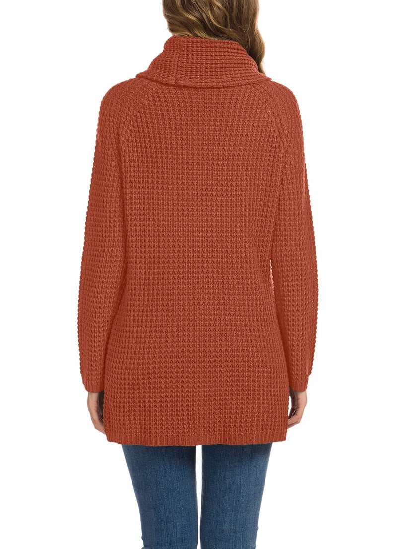 GRECERELLE Women's Fall Chunky Turtleneck Long Sleeve Asymmetric Hem Loose Knit Pullover Sweaters Tops, Orange Red, S - Image 4