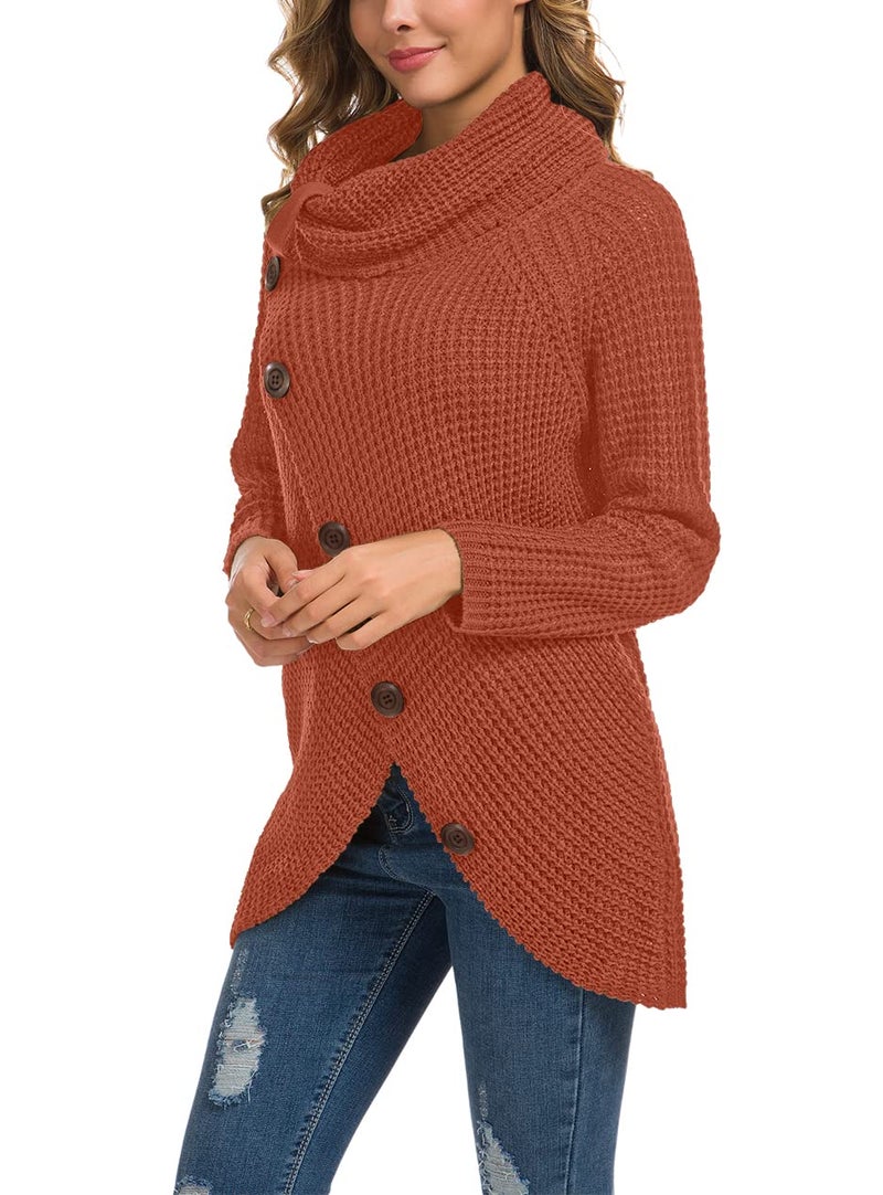 GRECERELLE Women's Fall Chunky Turtleneck Long Sleeve Asymmetric Hem Loose Knit Pullover Sweaters Tops, Orange Red, S - Image 3